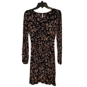 Xhilaration Floral Dress Womens Small Black Pink Long Sleeve A Line Flowy